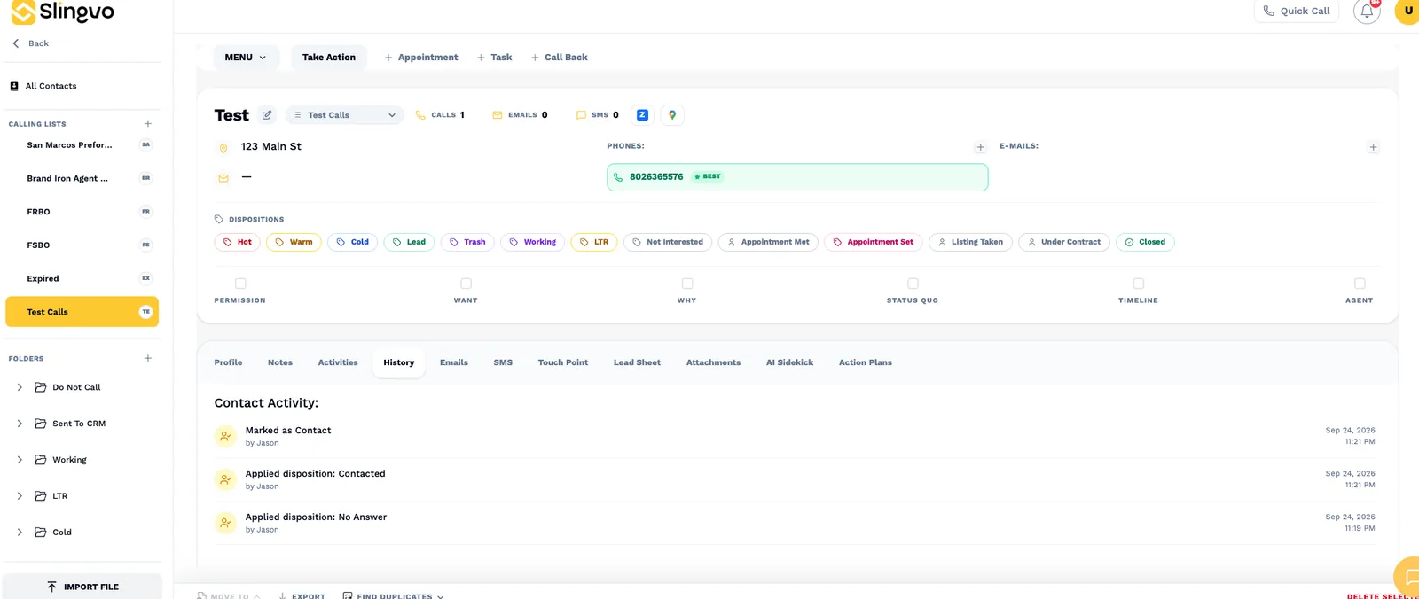 Slingvo CRM contact record with contact details, follow-up tasks, and call history
