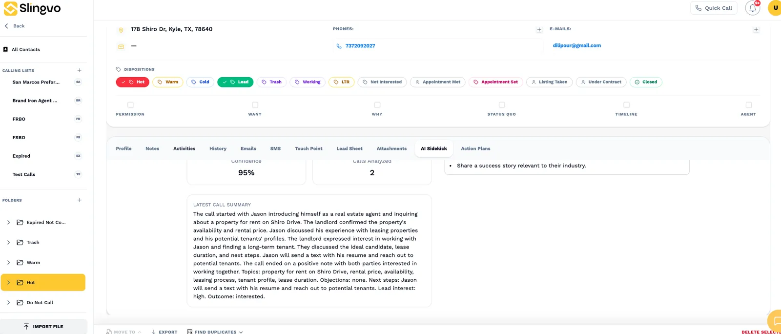 Slingvo AI Sidekick call summary after a completed call, with the summary, transcript, and action items
