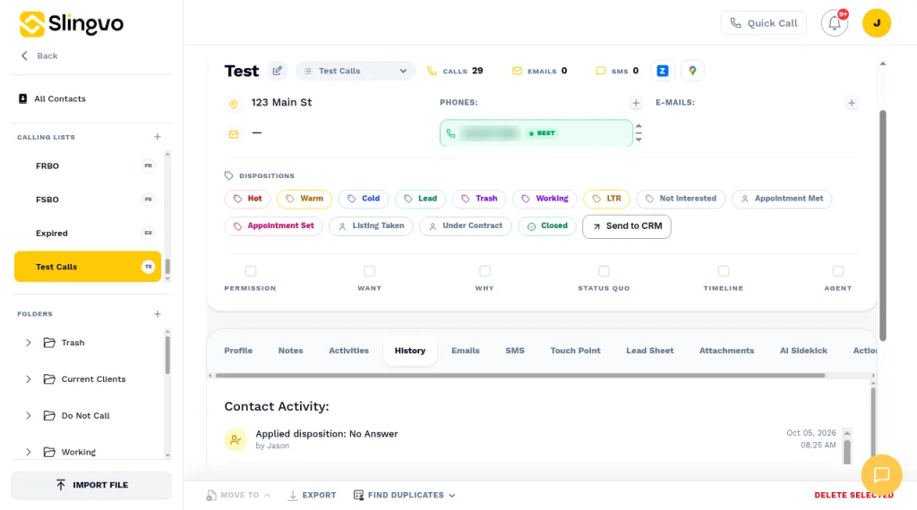 Slingvo CRM contact record with details, follow-up tasks, and call history (demo data)