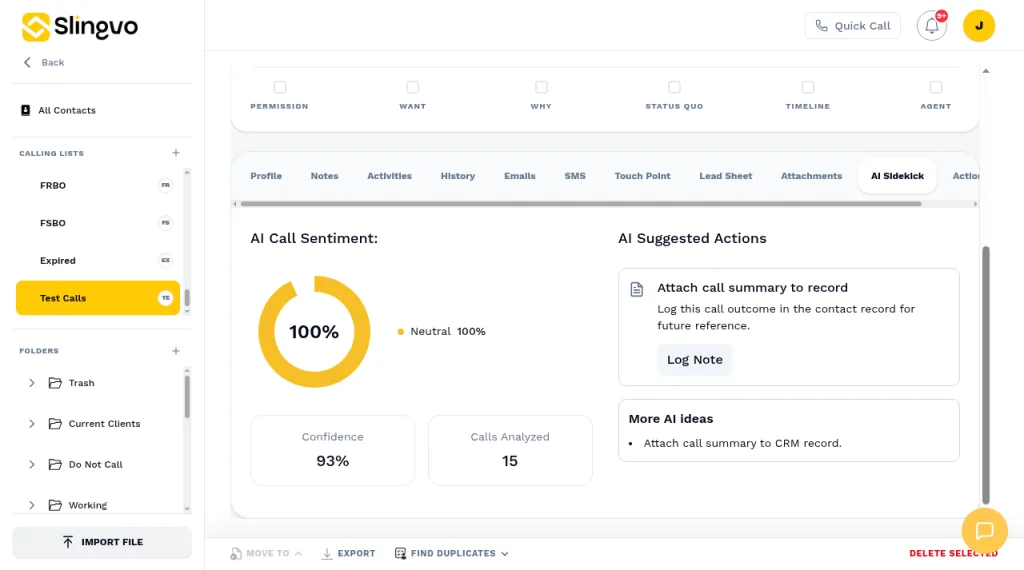 Slingvo AI call summary after a completed call, with summary, transcript, and action items (demo data)